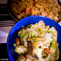 Warm cabbage salad with mushroom, almond, rosemary, and apple in a pomegranate balsamic vinaigrette; pasta with homemade spaghetti sauce